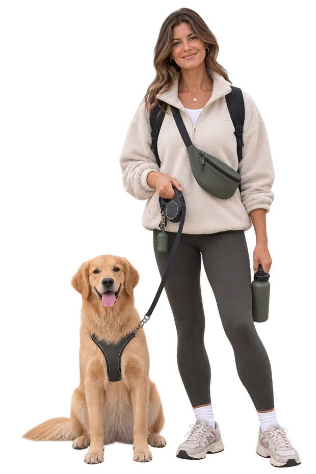 Eine Frau geht mit einem Hund spazieren