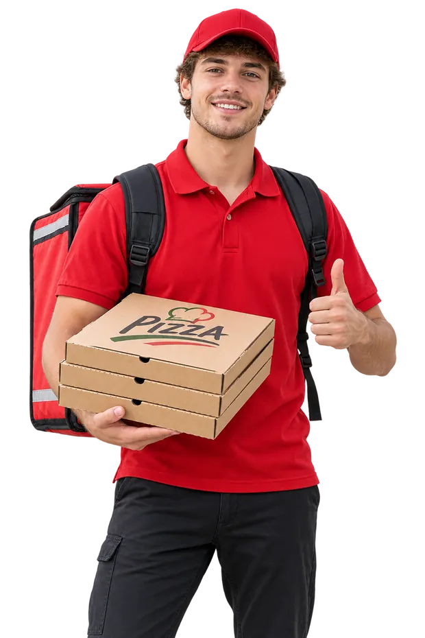 Ein Lieferfahrer mit Pizzakartons